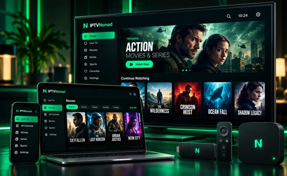 IPTVNomad app on a large TV, laptop and smartphone, with a streaming stick, remote and set-top box